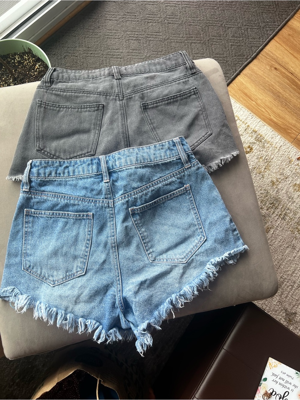 Francesca's Collections Two-Tone Distressed Denim Shorts in Light Blue & Gray